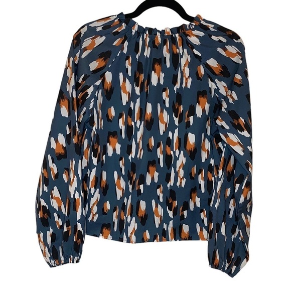 Blue Brown Printed Abstract Leopard Notched Neck Raglan Long Sleeve Blouse - Picture 4 of 4